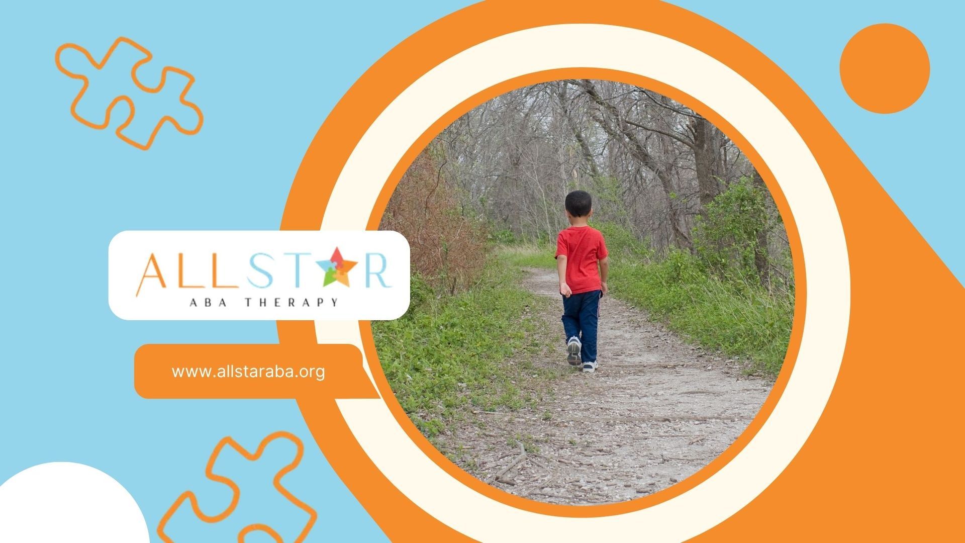 Person walking on a gravel path beside trees, inside a circular frame on an orange and light-blue banner.