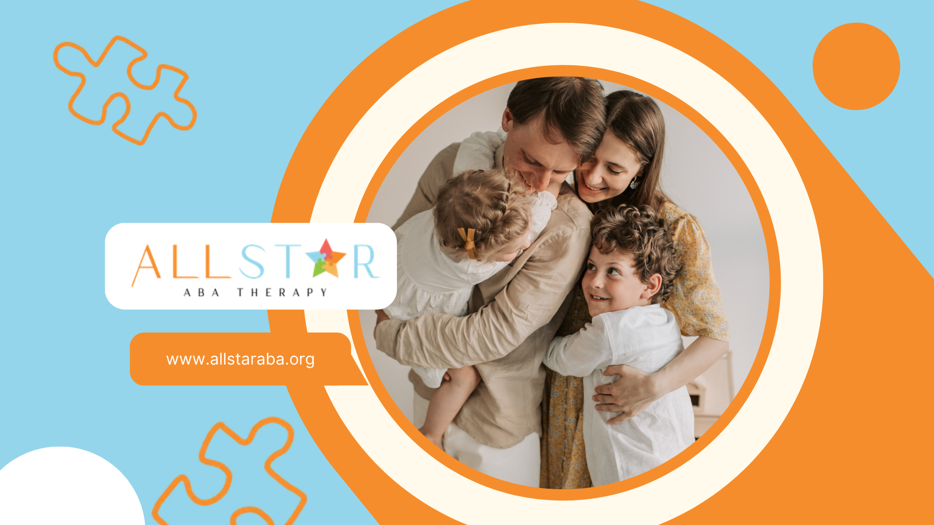 A family is hugging each other on a blue and orange background.