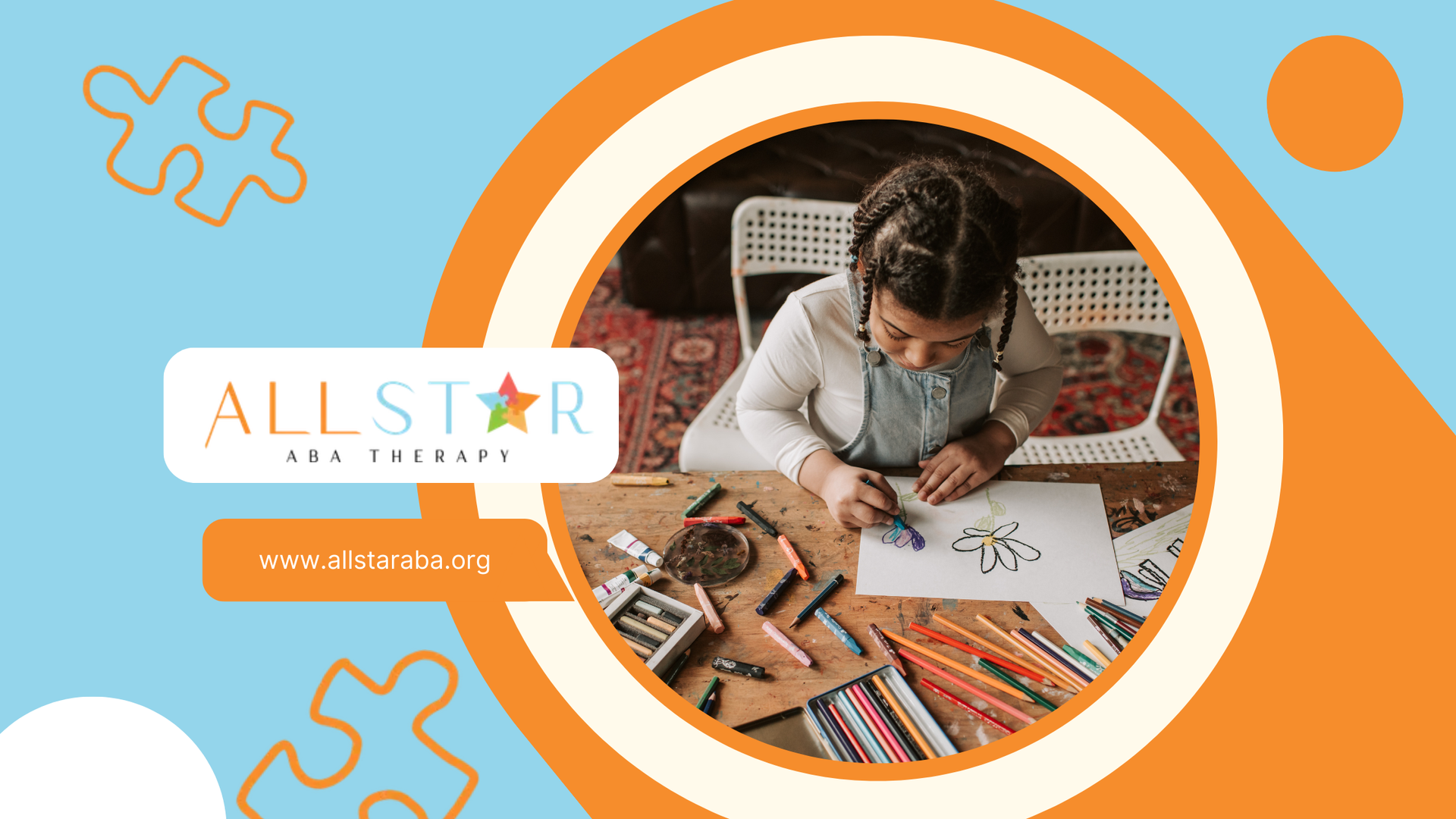 Girl drawing at a table with colorful pencils and crayons; Allstar Tutoring logo with a blue and orange design.