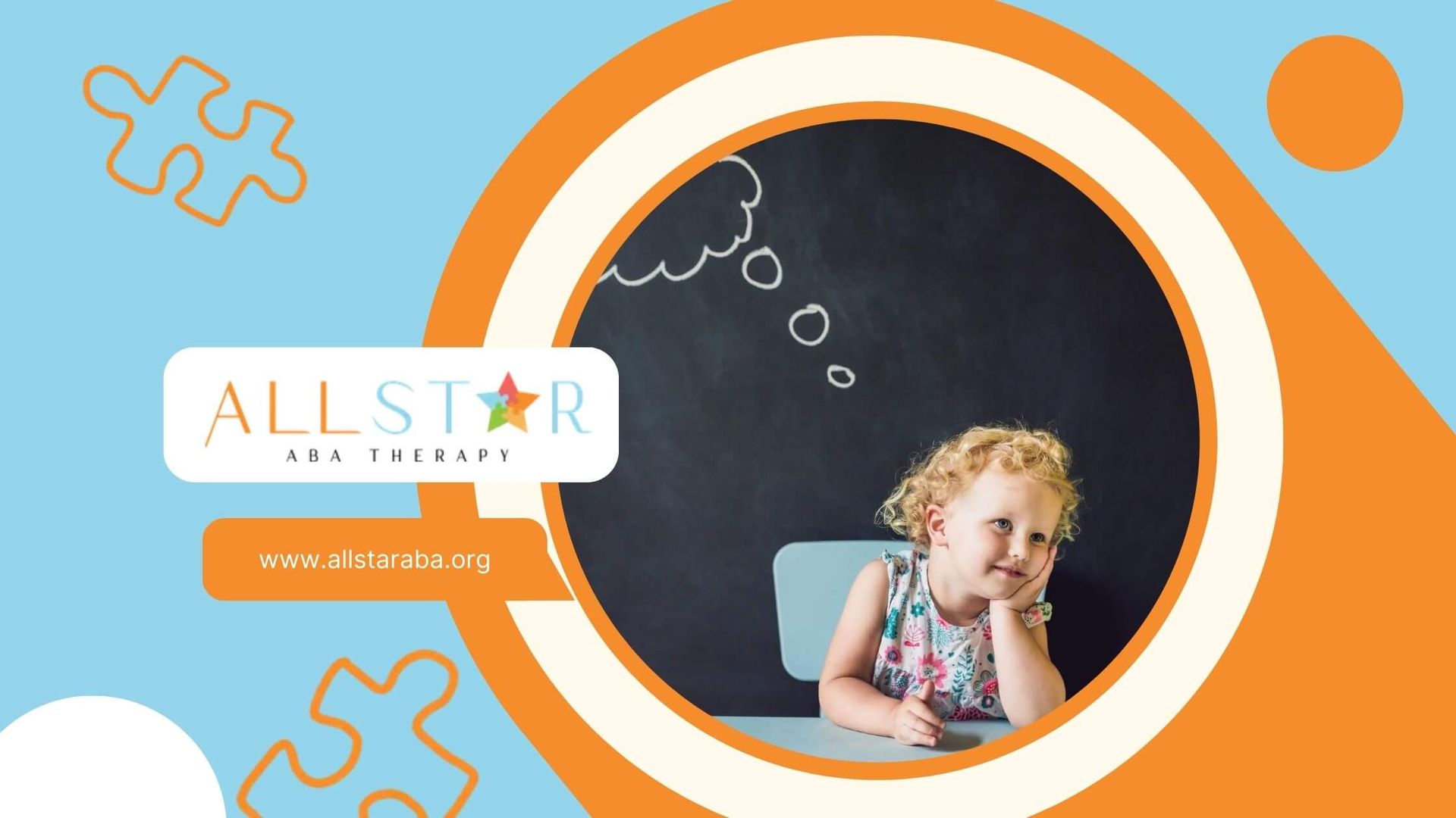 Little girl with autism daydreaming with chalkboard thought bubble.