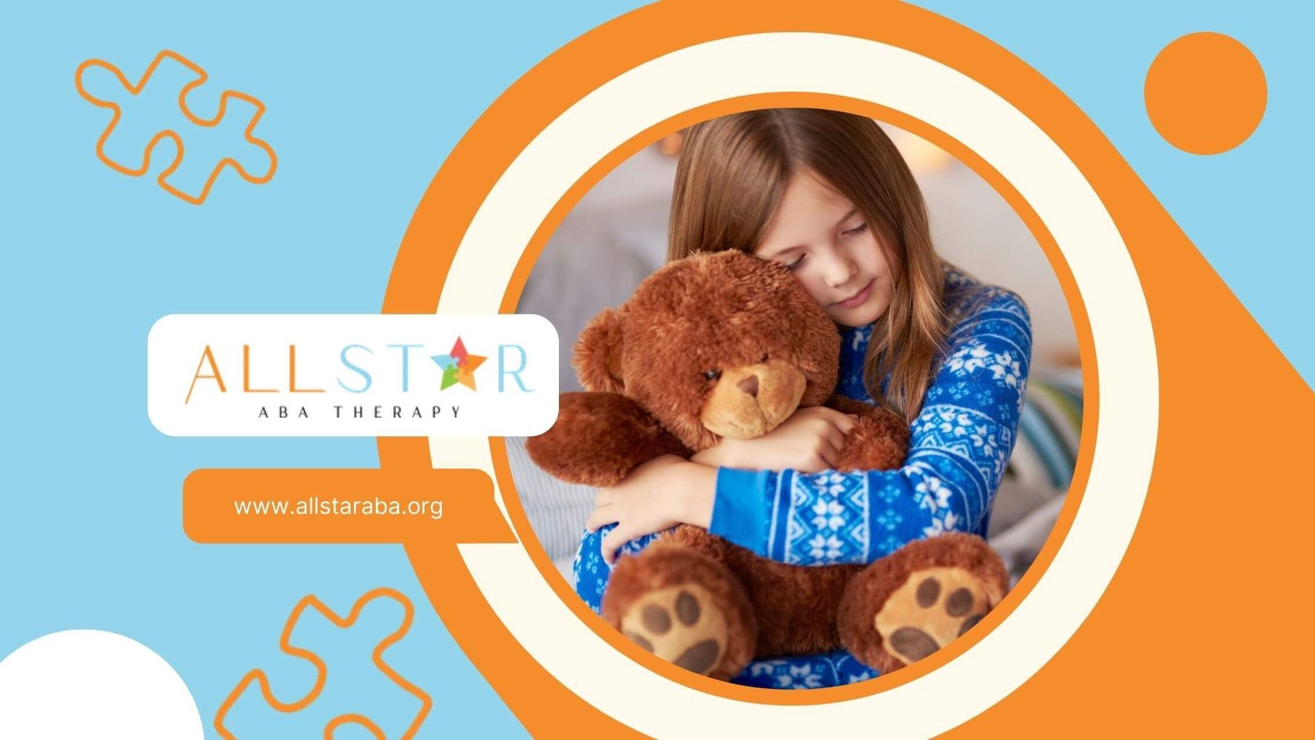 the autistic girl in pajamas hugging a large teddy bear, sitting beside Christmas presents.