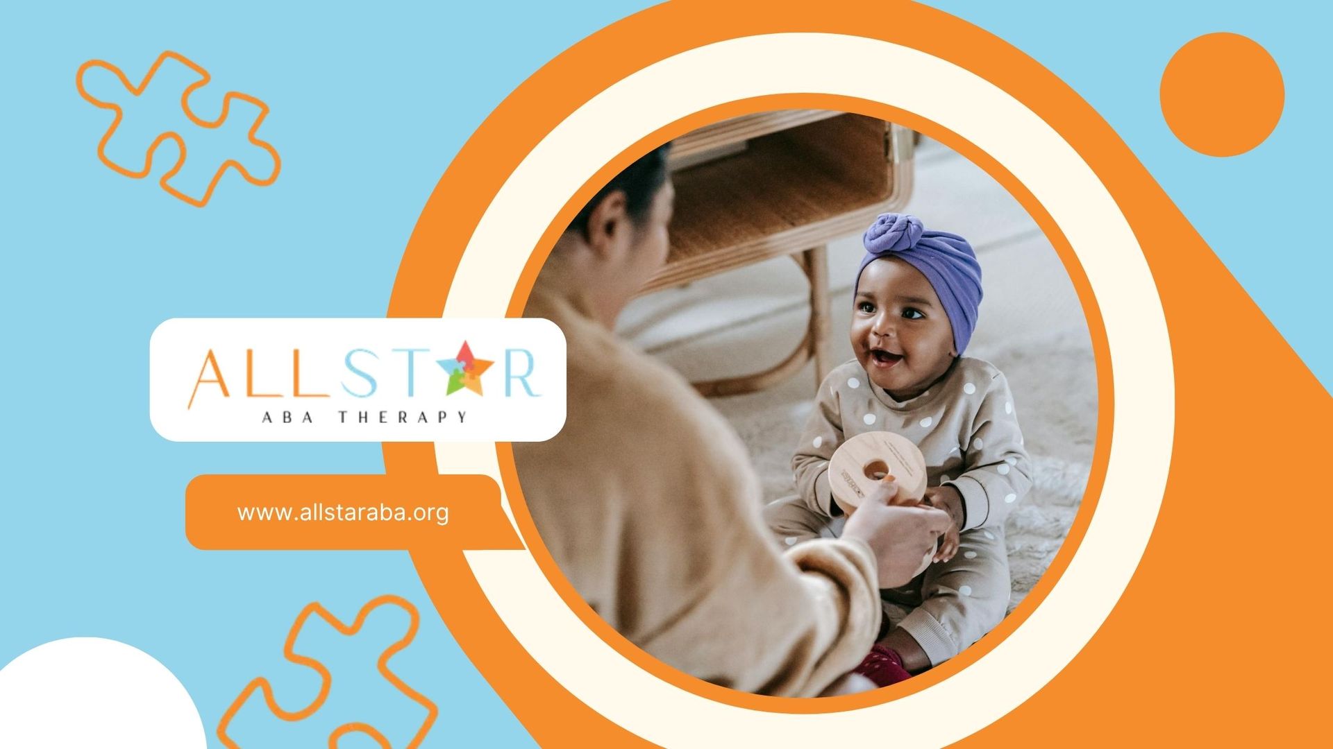 Smiling baby with autism is wearing a purple headwrap playing with wooden toy indoors in Maryland.