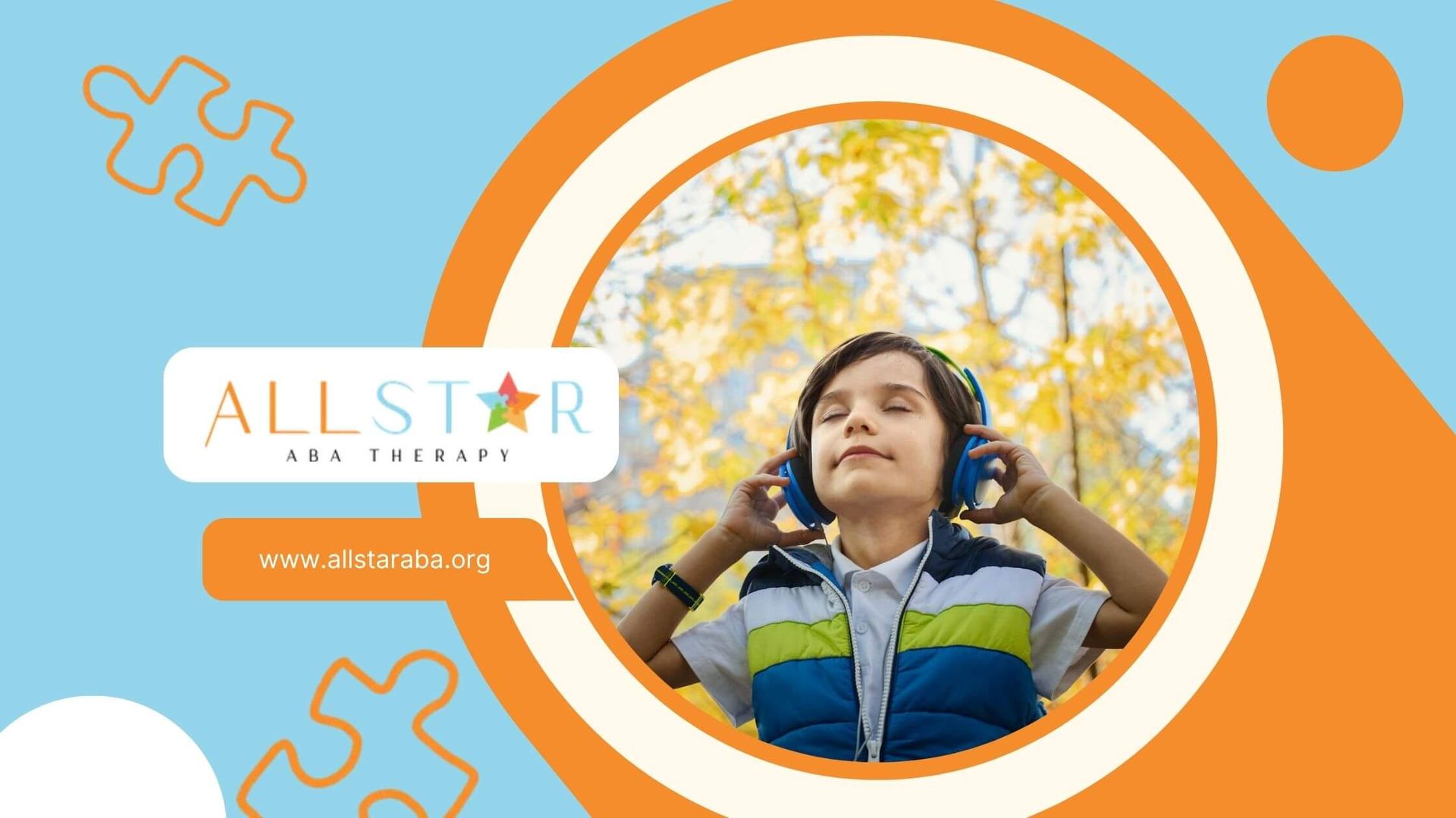 Autistic boy wearing headphones enjoying music outdoors in autumn after his ABA therapy in Maryland.