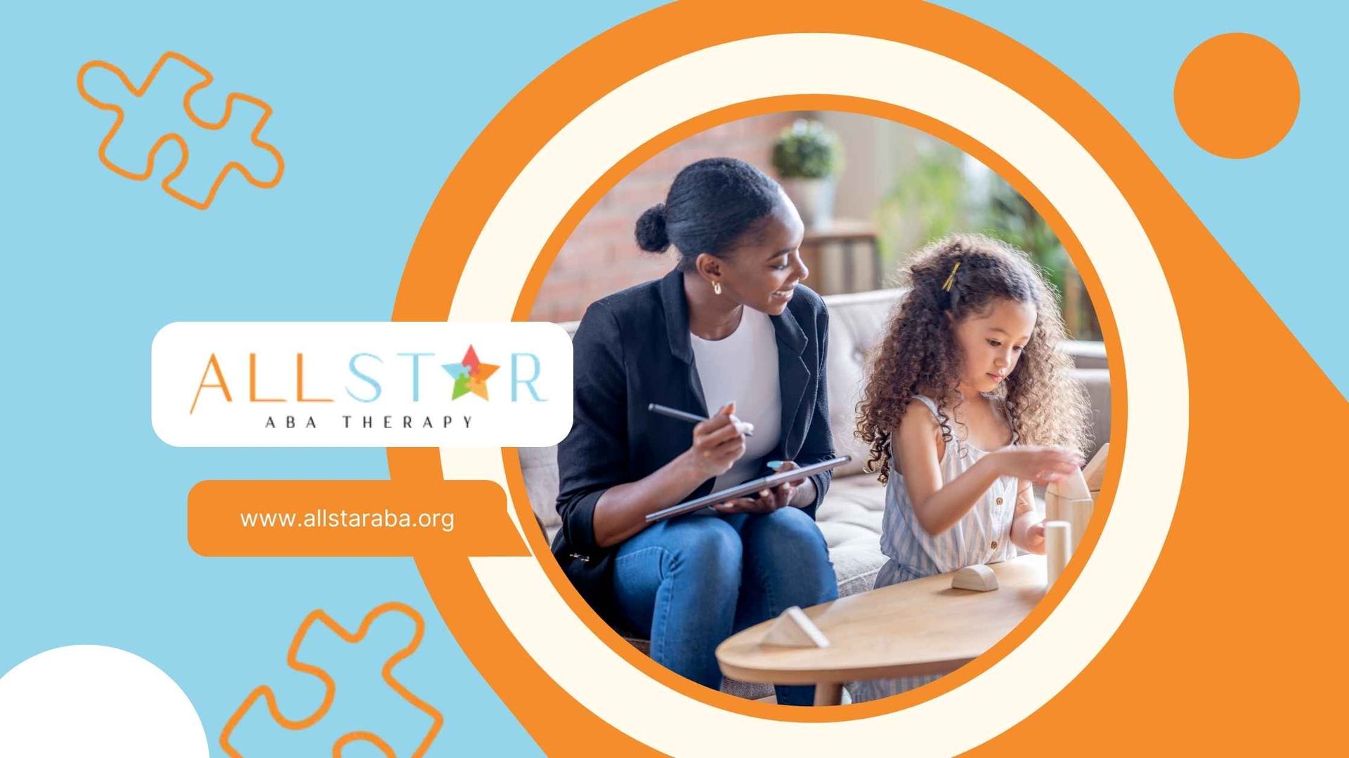 Therapist with a young girl, working with blocks, in a warm setting. The logo is visible as well.