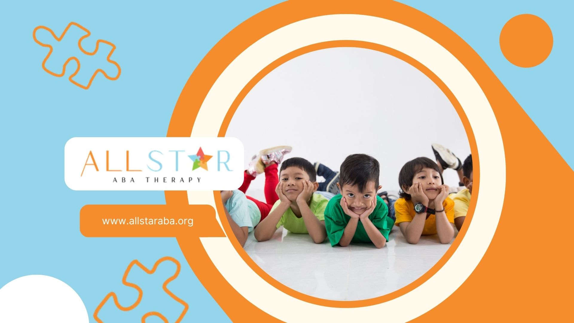 Four children smiling, lying on floor inside a circle. All-Star Therapy logo on blue and orange background.