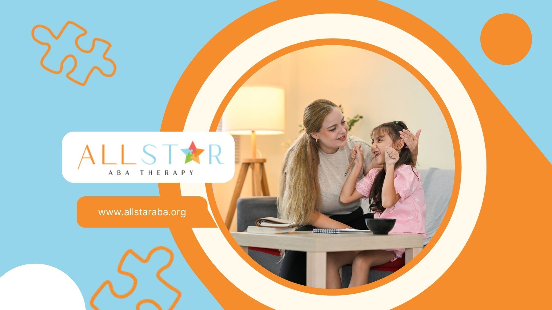 Woman and child at table, orange and blue background. Woman touching child's face. All-Star Therapy logo.