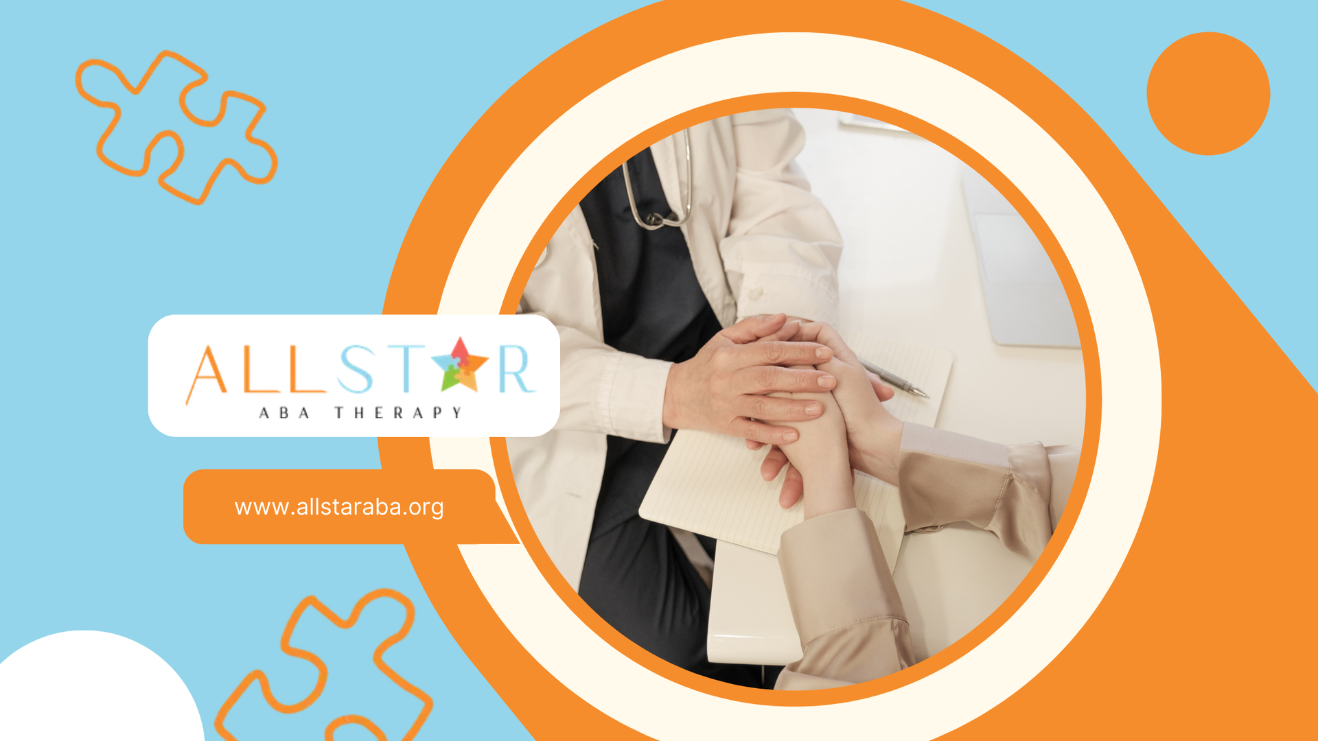 People holding hands in support within an orange and blue-colored frame with text and puzzle pieces.