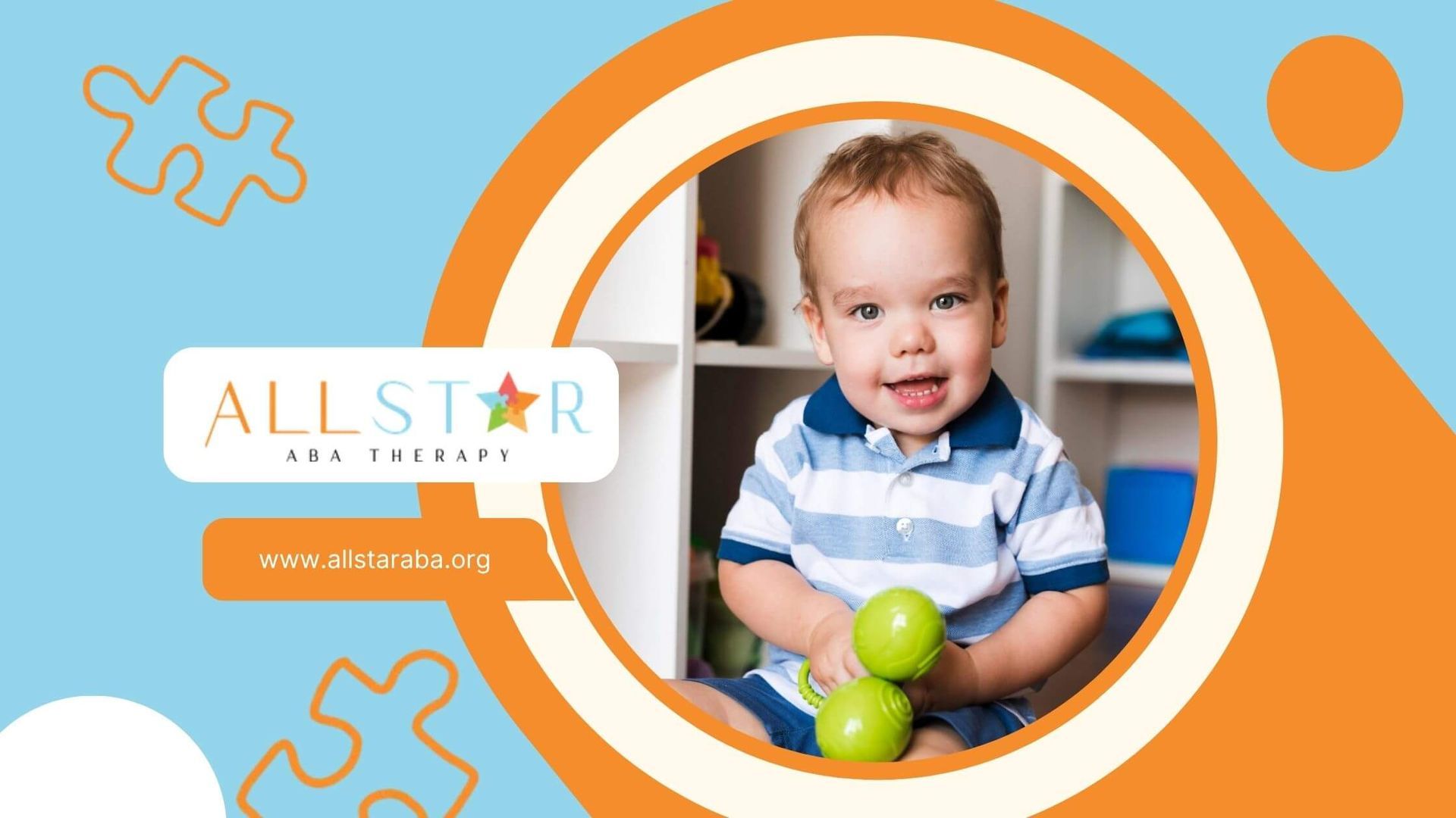 A baby is sitting in front of a bookshelf and smiling in ABA therapy.
