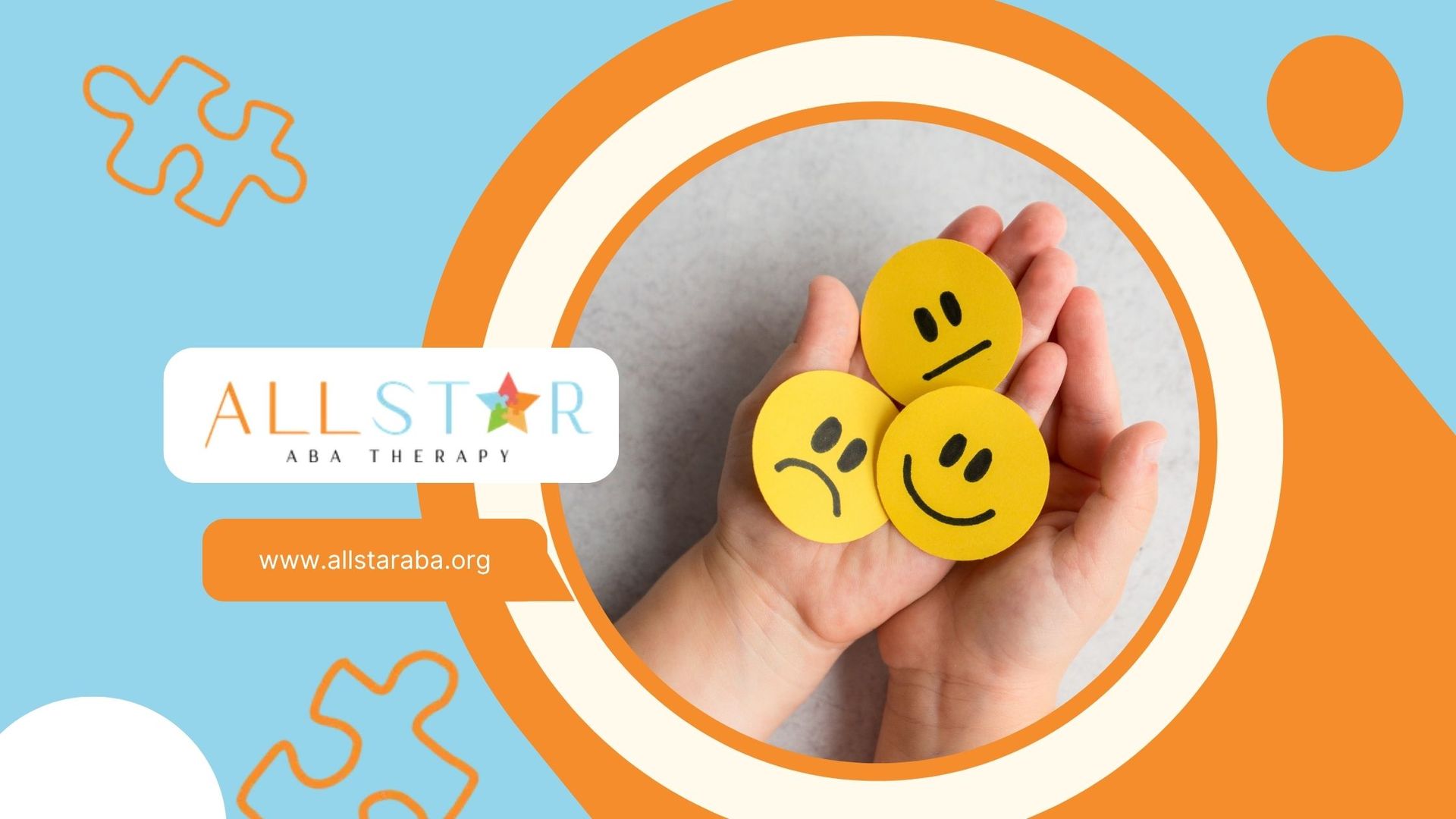 Hands holding yellow paper cutouts with different facial expressions.  Blue and orange background with logo.