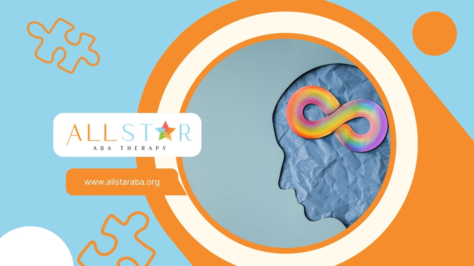 A blue and orange graphic with a head silhouette containing a rainbow infinity symbol; 