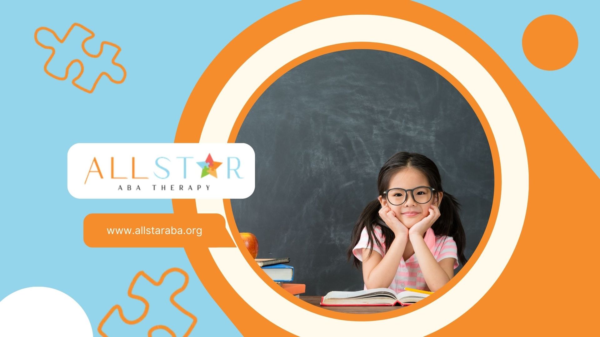 Young girl with glasses smiling at a desk with books in front of a chalkboard; All-Star Tutoring logo.