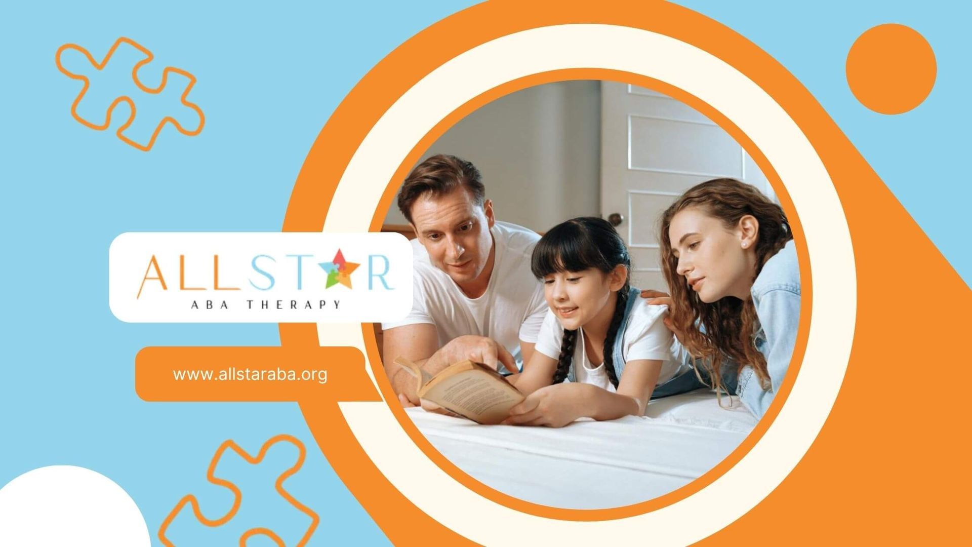 A family with an autistic child is sitting on the floor looking at a book together.