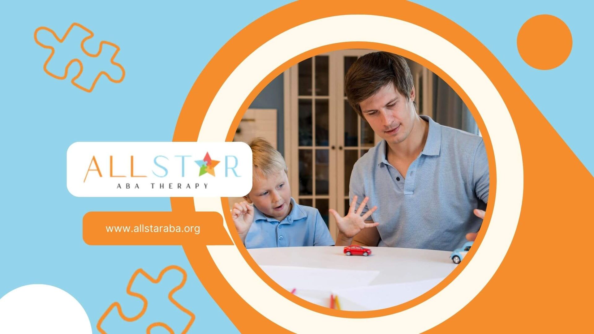 Father and young child playing with toy cars at a table, both showing excitement after therapy.