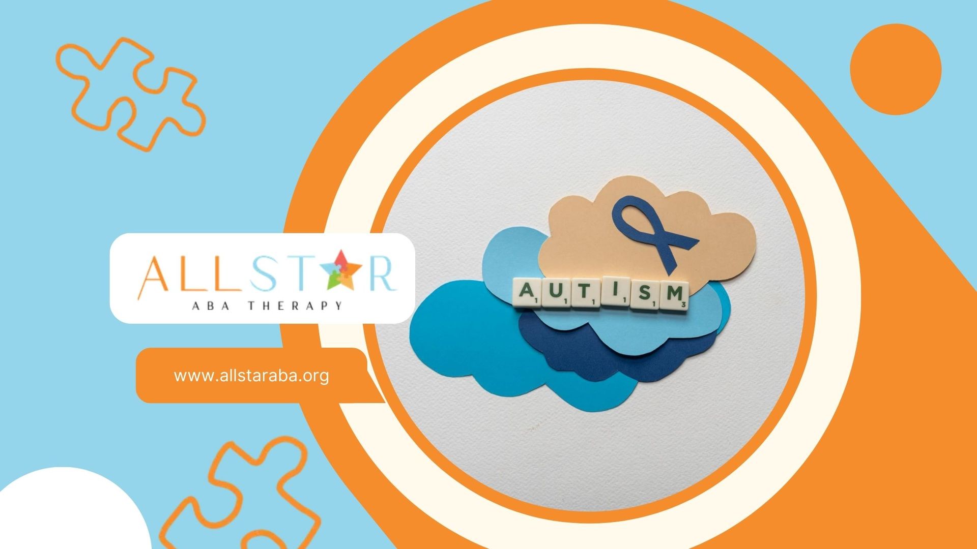 Blue and beige autism awareness design with a ribbon and letter tiles spelling “AUTISM” in a table.