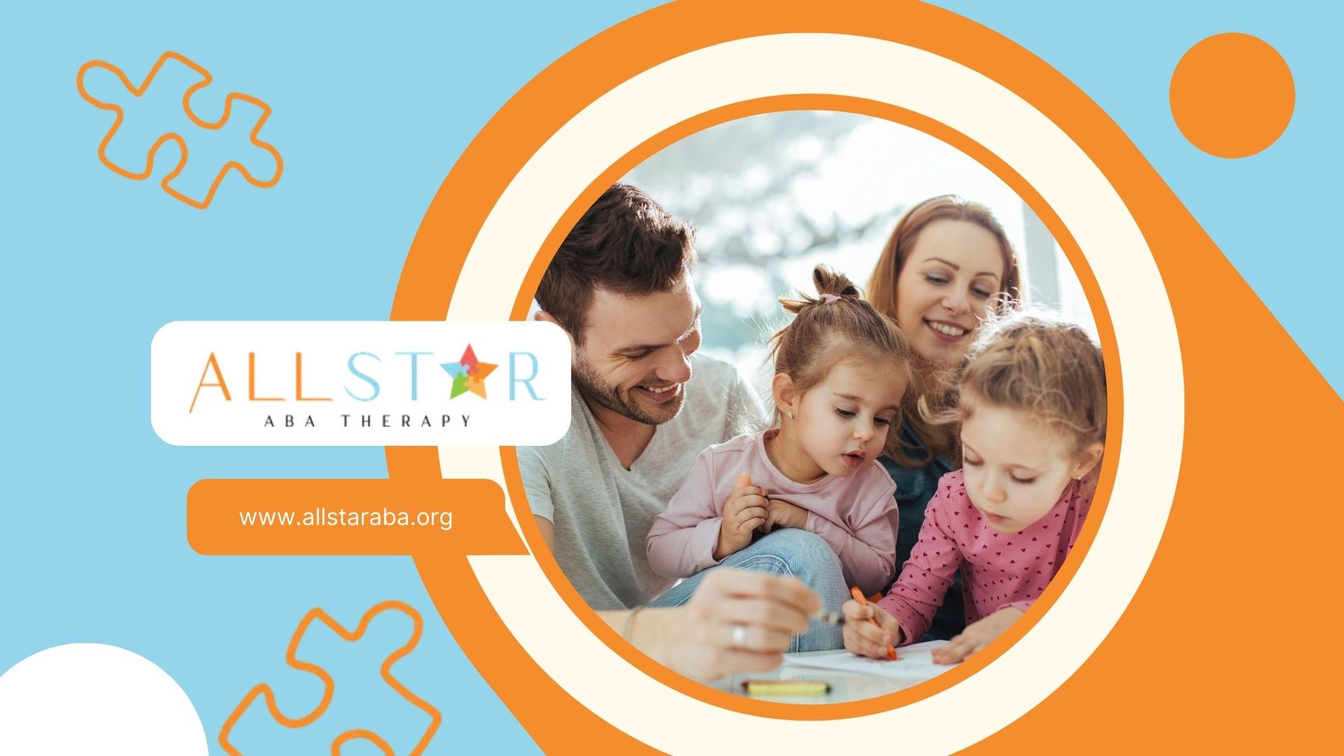 A family is sitting around a table playing with puzzles.