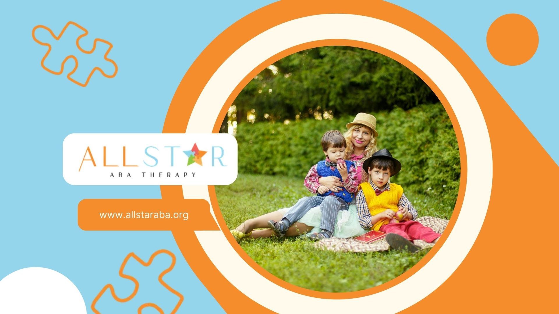 An RBT sitting on grass with an autistic child and his sibling during ABA therapy outdoors in MD.