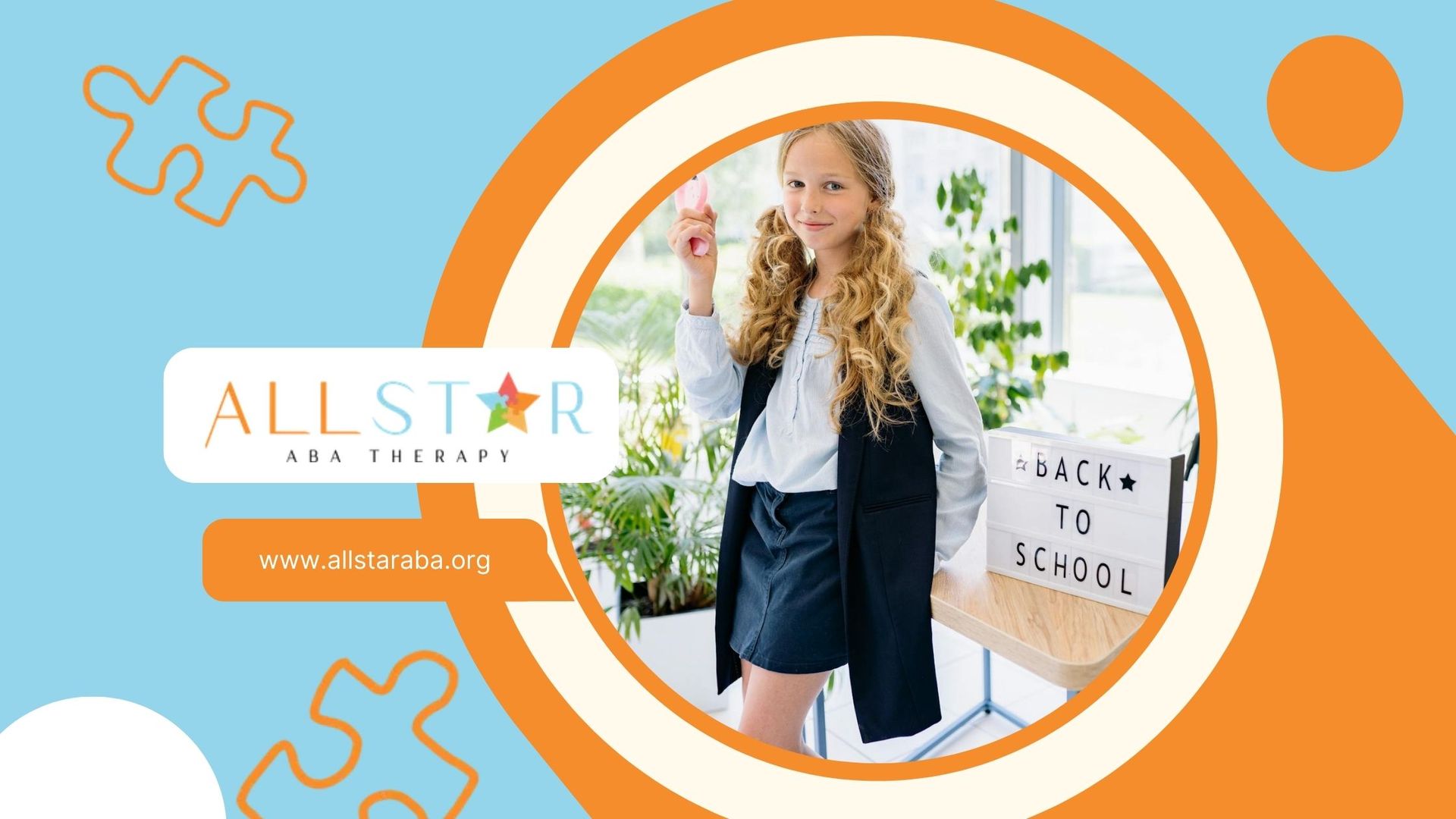 An autistic girl smiling beside a back to school sign during school-based ABA therapy in Maryland.