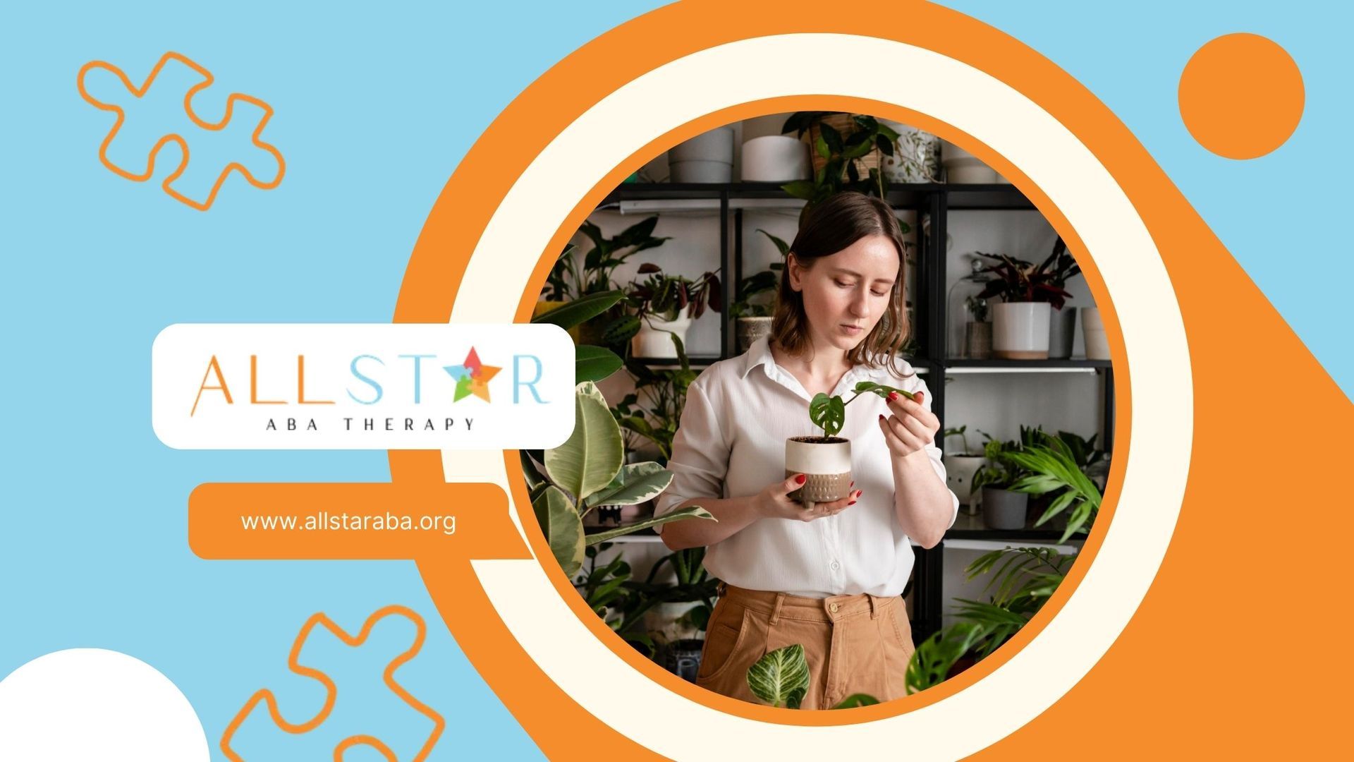 A woman is holding a potted plant in front of a shelf filled with potted plants.