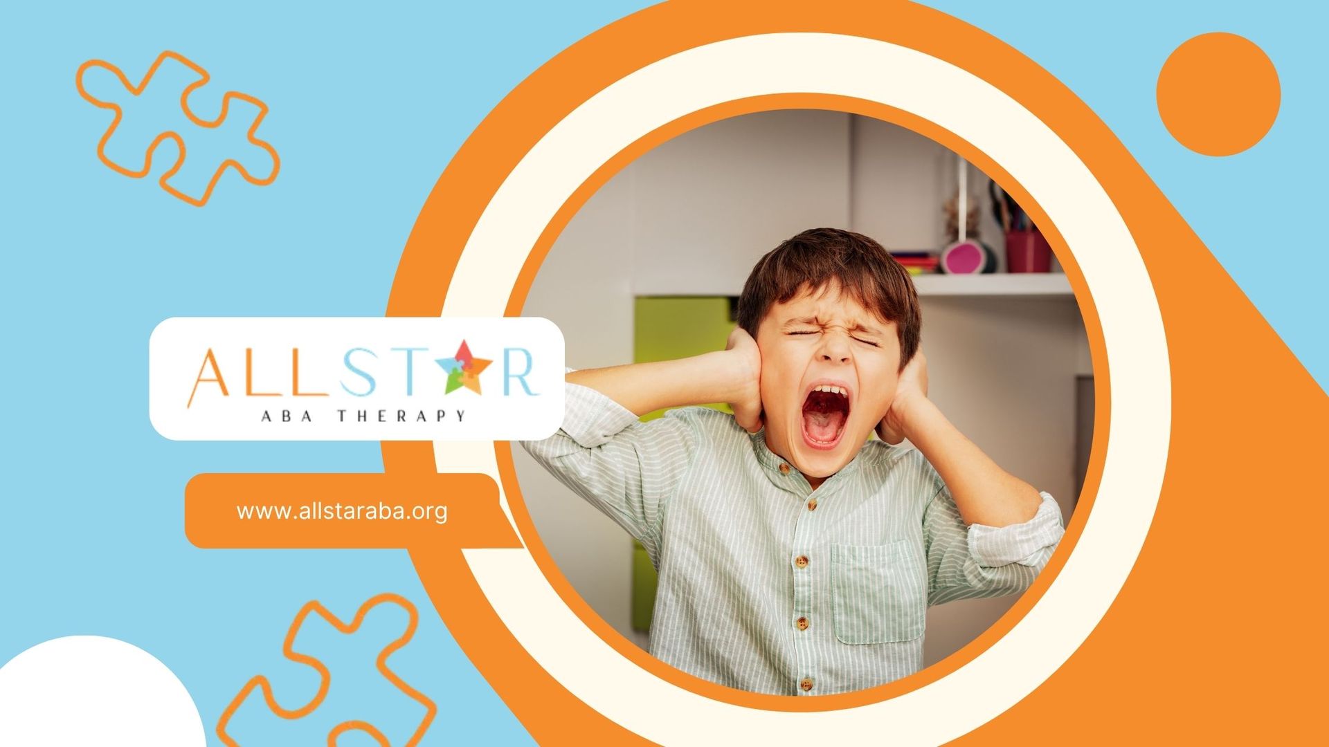 Tantrum child shouting inside orange-and-white circular frame on blue background.