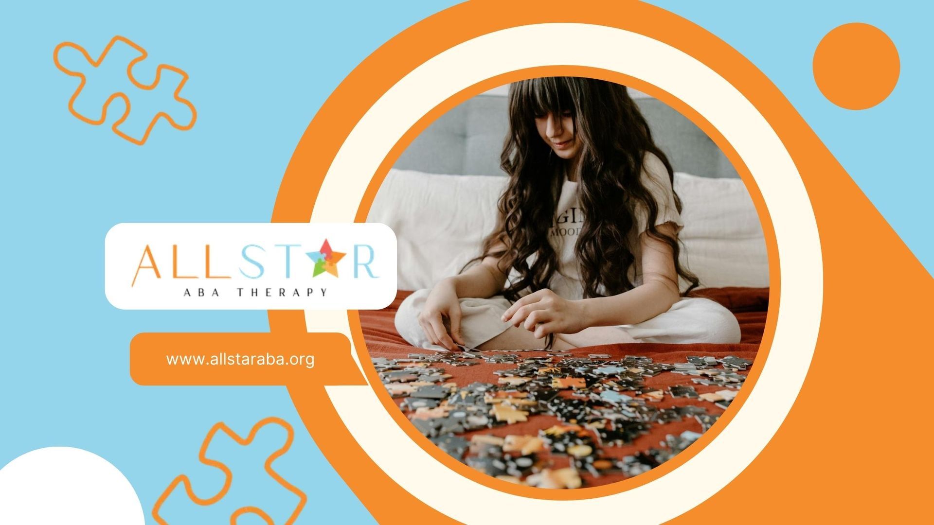 An autistic girl working on a puzzle in a cozy bedroom during in-home ABA therapy in Maryland.