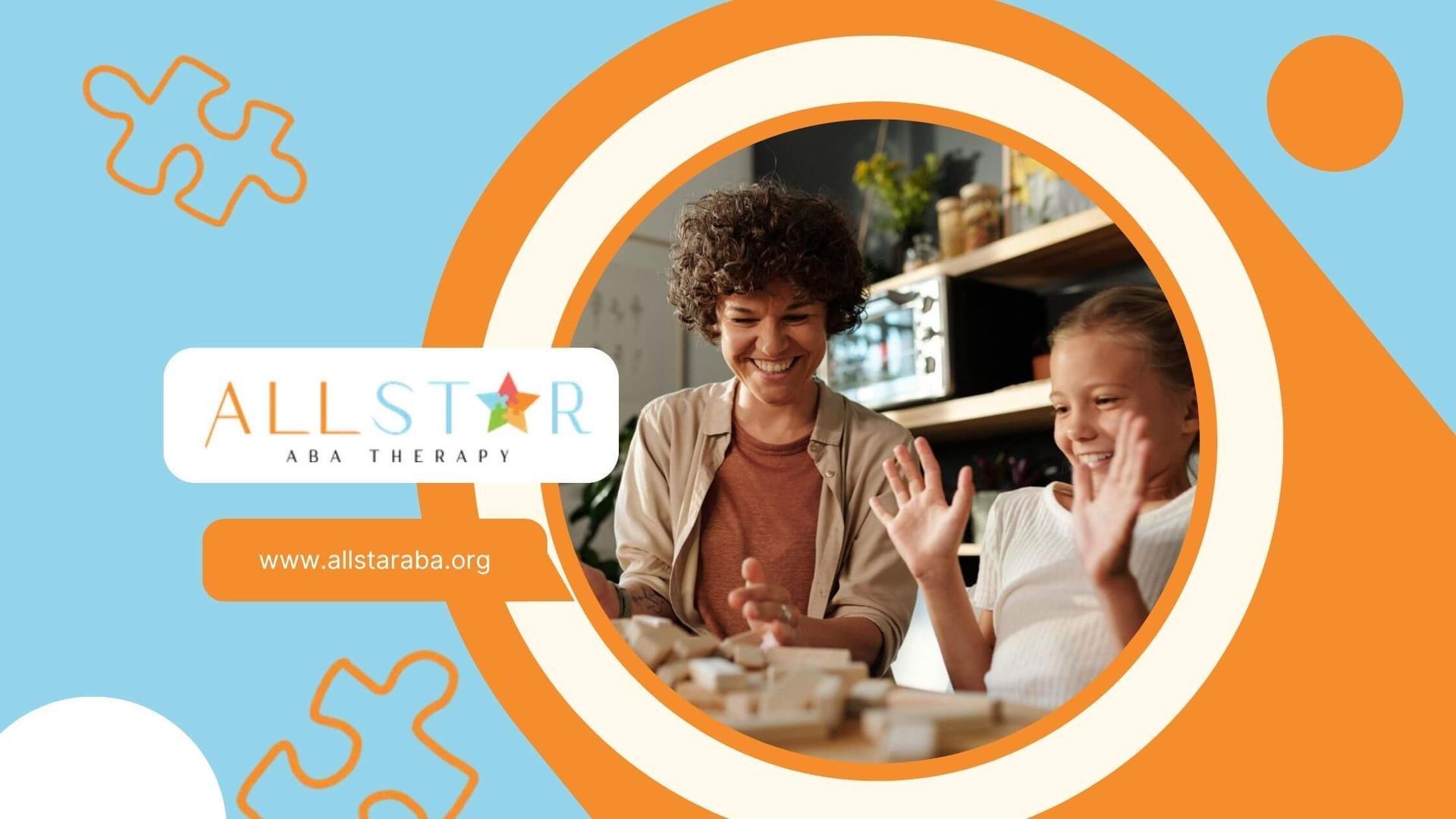Happy mother and daughter playing with wooden blocks at a table.