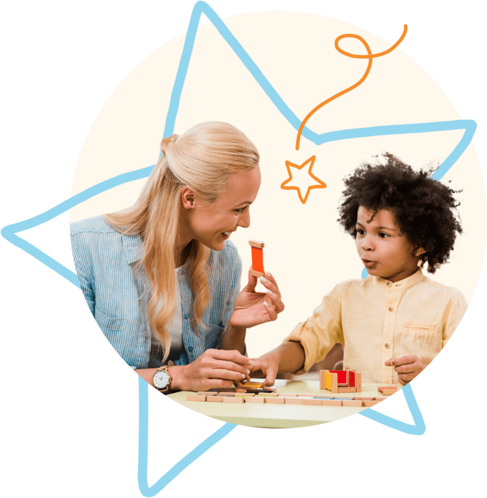 A woman and child sitting at a table with a star in the background