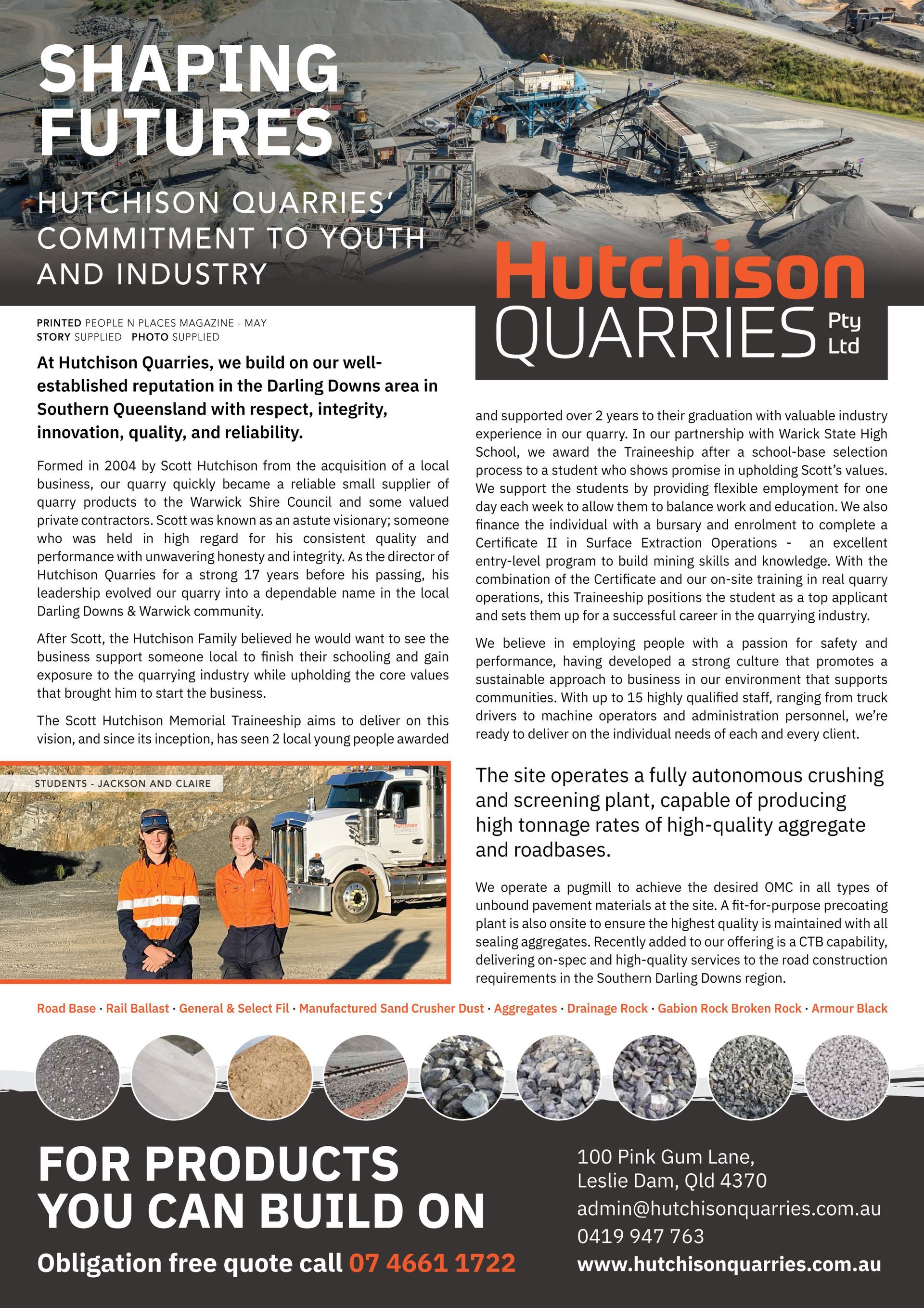 A full-page magazine article from People N Places Magazine May edition titled Shaping Futures: Hutchison Quarries' Commitment to Youth and Industry.