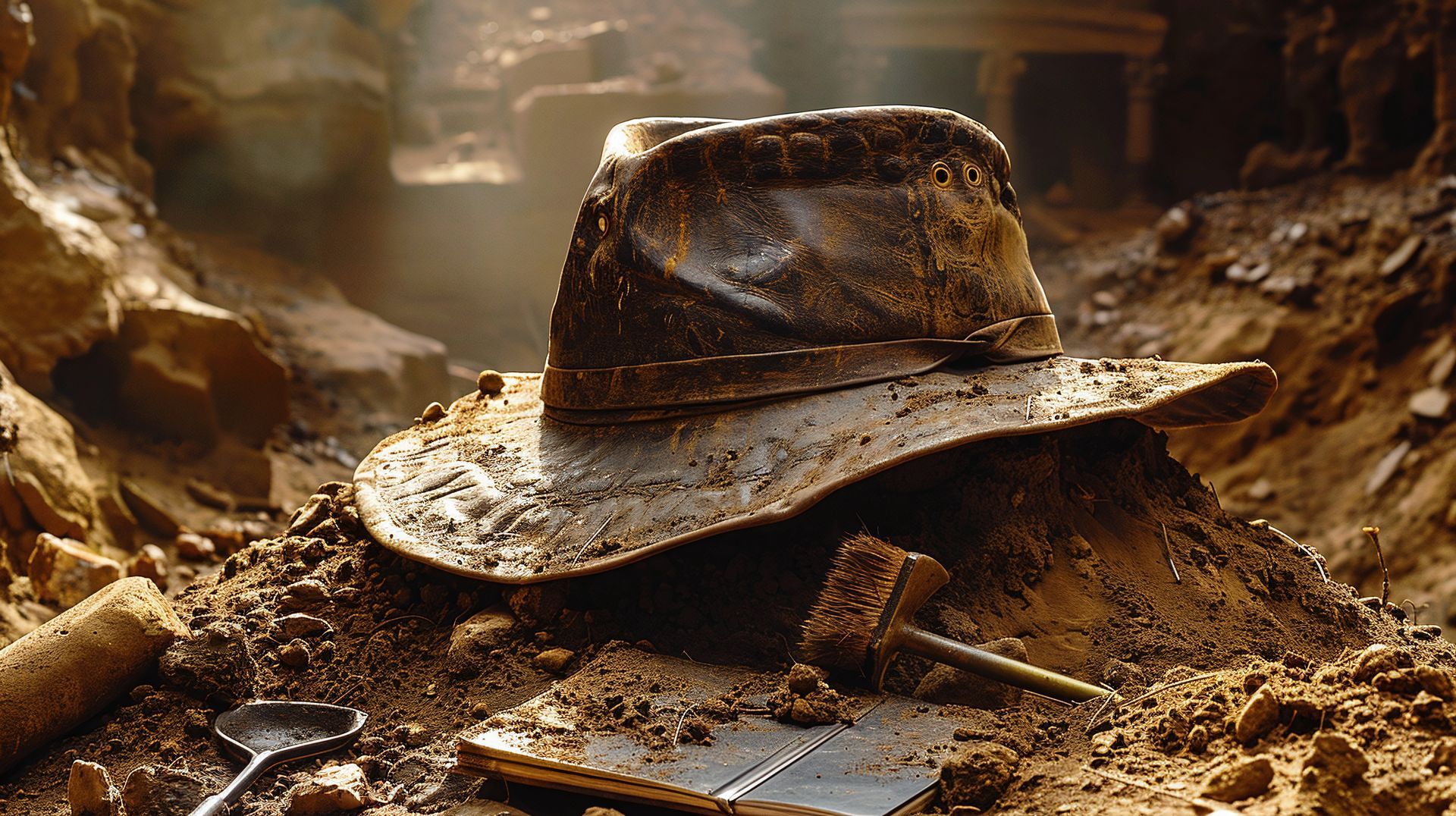 faded hat resting atop an archeological dig