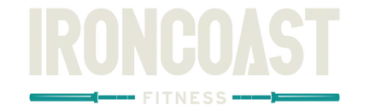 "Ironcoast Fitness" logo with teal barbell graphic.