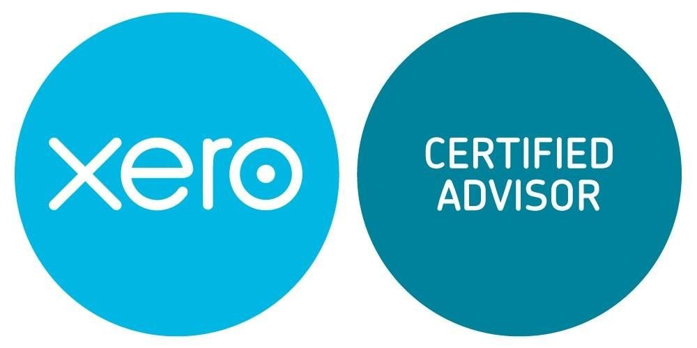 Two circular badges: one with the Xero logo in white, the other reads