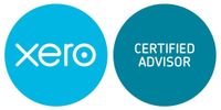 Two circular badges: one with the Xero logo in white, the other reads