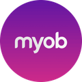 Logo for MYOB, featuring white text on a gradient purple and pink circle.