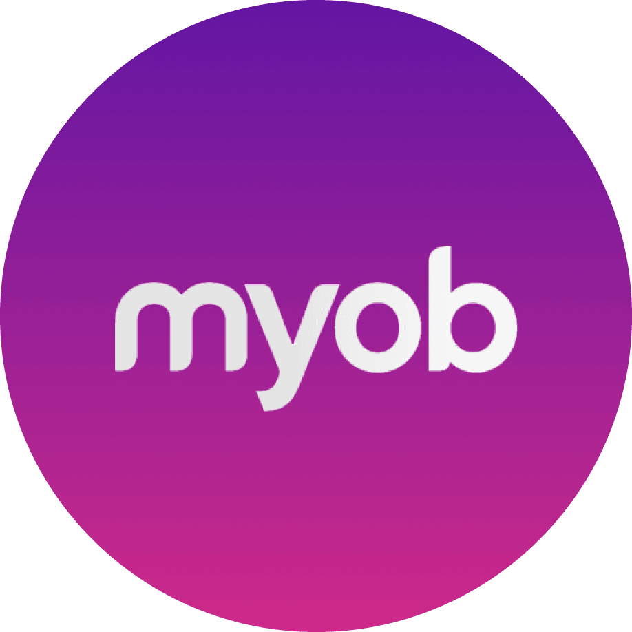 Logo for MYOB, featuring white text on a gradient purple and pink circle.
