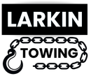 Black and white logo reading "LARKIN TOWING" framed by a graphic of a towing chain and a hook.