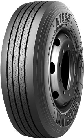 Black tire with vertical tread pattern and a silver wheel.