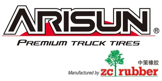 Logo for Arisun premium truck tires. Text and a red stripe are above a tree graphic and 