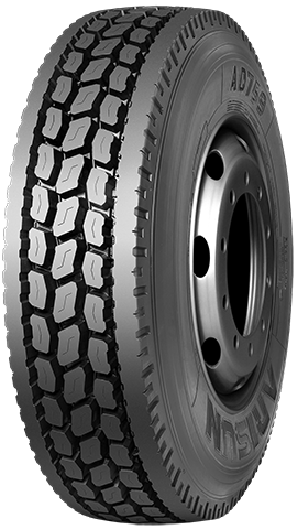 Truck tire, AD759 model, mounted on a steel wheel, featuring a deep tread pattern.