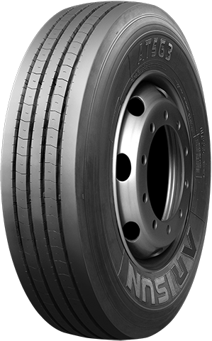 Black and white tire on a gray rim. Tire has multiple vertical grooves and 