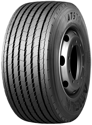 Truck tire with a tread pattern and rim.