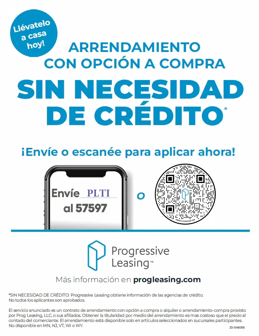 Advertisement for Progressive Leasing, offering rent-to-own with no credit needed. Includes text/QR code to apply.