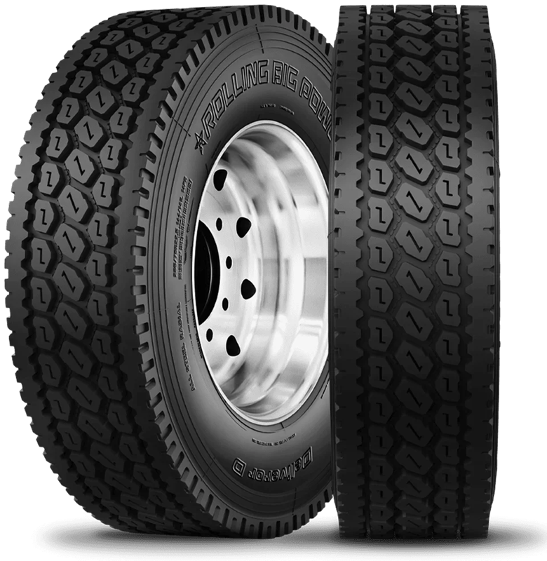 Two truck tires, one mounted on a silver rim, with deep tread patterns against a white background.