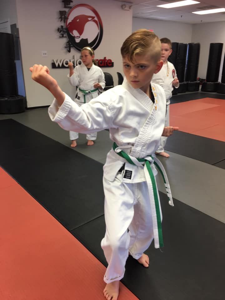 An aerial view of a city skyline at sunset.