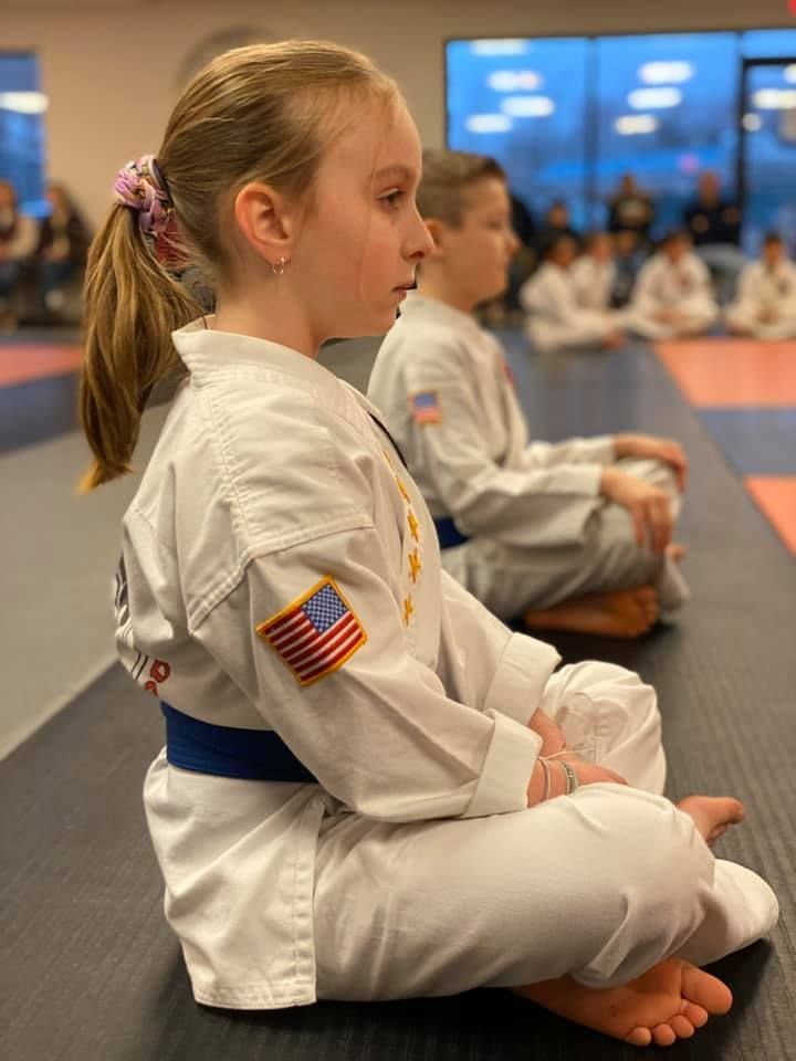 An aerial view of a city skyline at sunset.