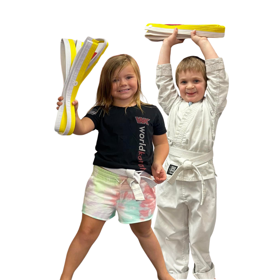 A boy and a girl are practicing karate together.