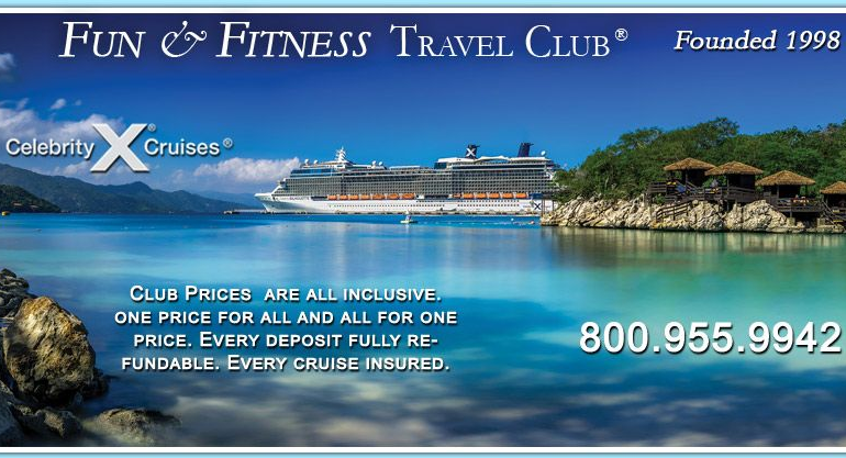Advertisement for Fun & Fitness Travel Club cruises with a cruise ship on blue water.