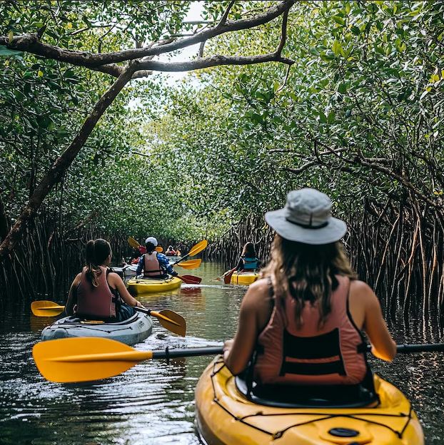 People kayaking through a mangrove forest; yellow kayaks, lush greenery, sunny.