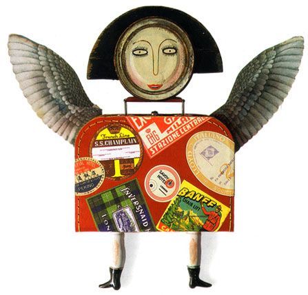 A whimsical figure made of a suitcase with a face, wings, and legs, covered in travel stickers.