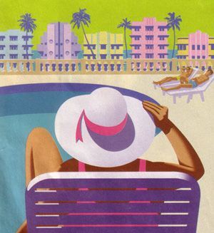 Woman in white hat sunbathing by a pool, Art Deco buildings and palm trees in the background.
