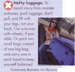 Woman pushing luggage, health advice: push, don't pull, use legs to lift. Text: Hefty luggage from Consumer Reports.
