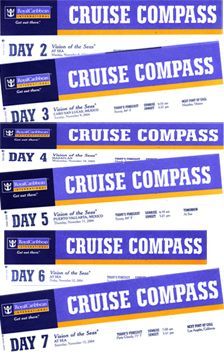 A stack of Royal Caribbean Cruise Compass daily schedule sheets, showing days 2-7, purple & white.